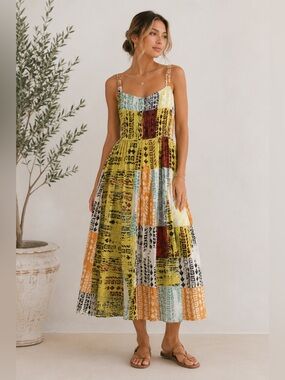Diva Collection Boho Patchwork Maxi Dress Cotton Made India Medium Festival B8